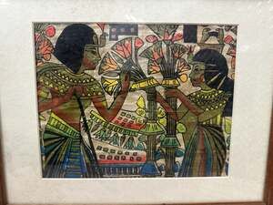 Vintage Egyptian hand-painted papyrus ART print (King Tut & wife).